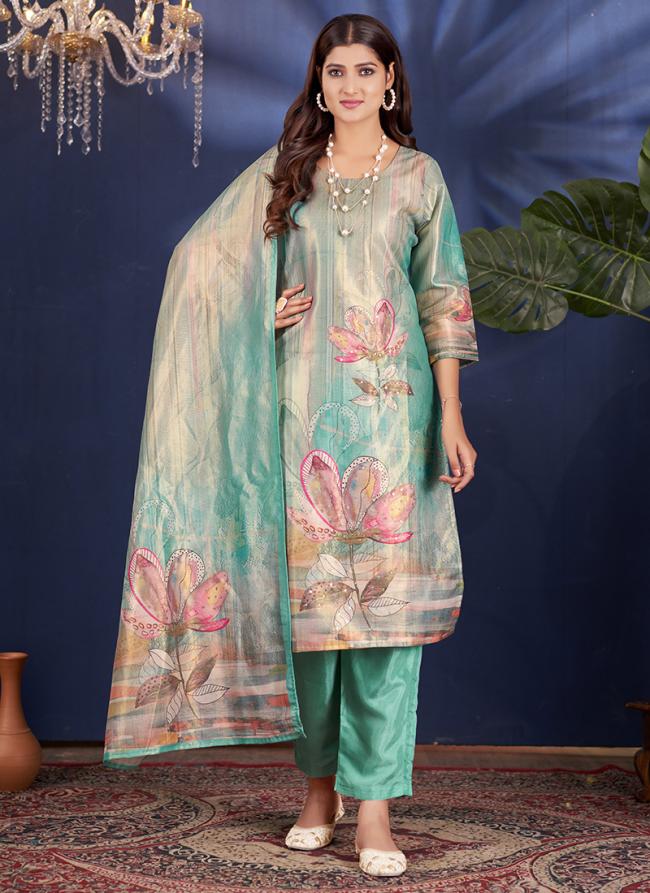 Shimmer Teal Festival Wear Printed Readymade Straight Suit